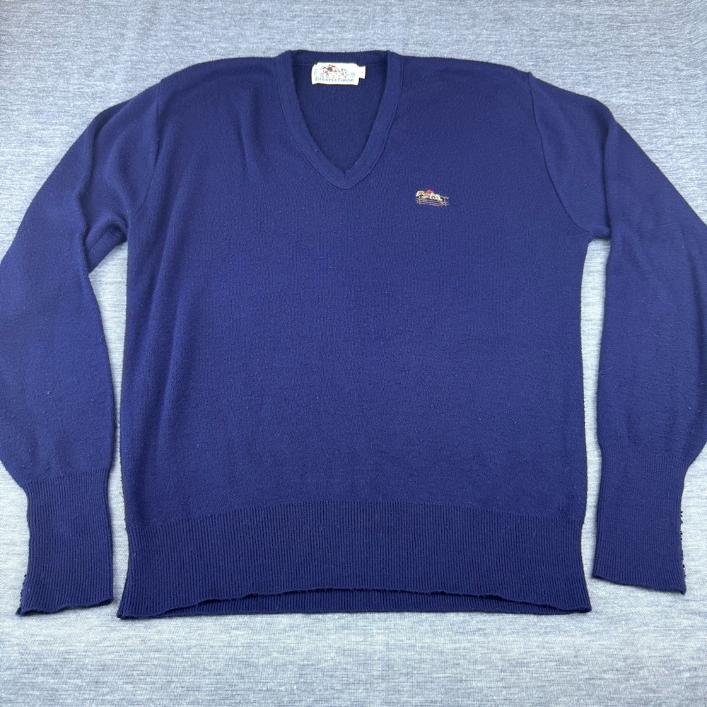 Vintage Steeplechase Sweater Size Large Blue V Neck Pullover Classic‎ Grandpa